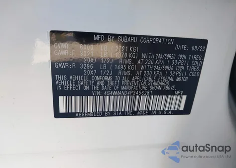 2023 Subaru Ascent Limited 8-Passenger z USA, uszkodzony, nr VIN 4S4WMAND4P3456281